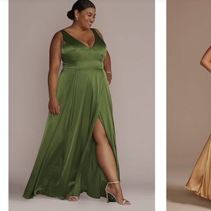 Davids Bridal Martini Olive charmeuse tank v-neck bridesmaid dress with slit